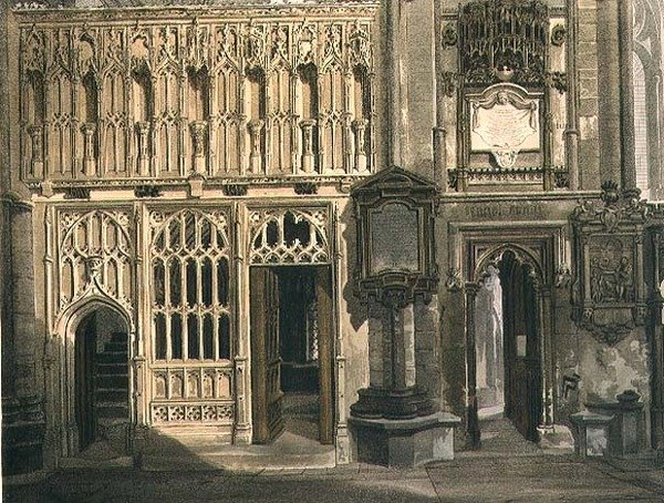 Het scherm van de kapel van Abt Islip en de ingang van de kapel van St. Erasmus, plaat P uit 