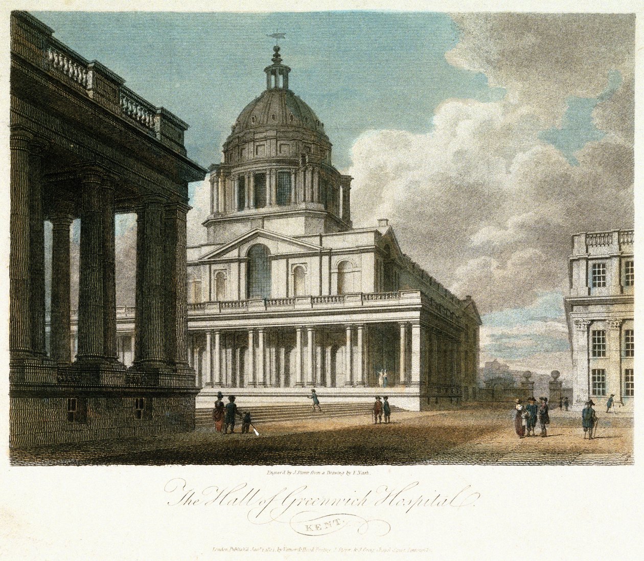Uitzicht op Greenwich Hospital (Kent, Engeland), beschrijving van de koepel en de noordoostelijke hoek van het hof van koning Willem, met de noordgevel van de geschilderde hal erachter, en met een deel van de binnenplaats en kapel van koningin Mary door Frederick (after) Nash