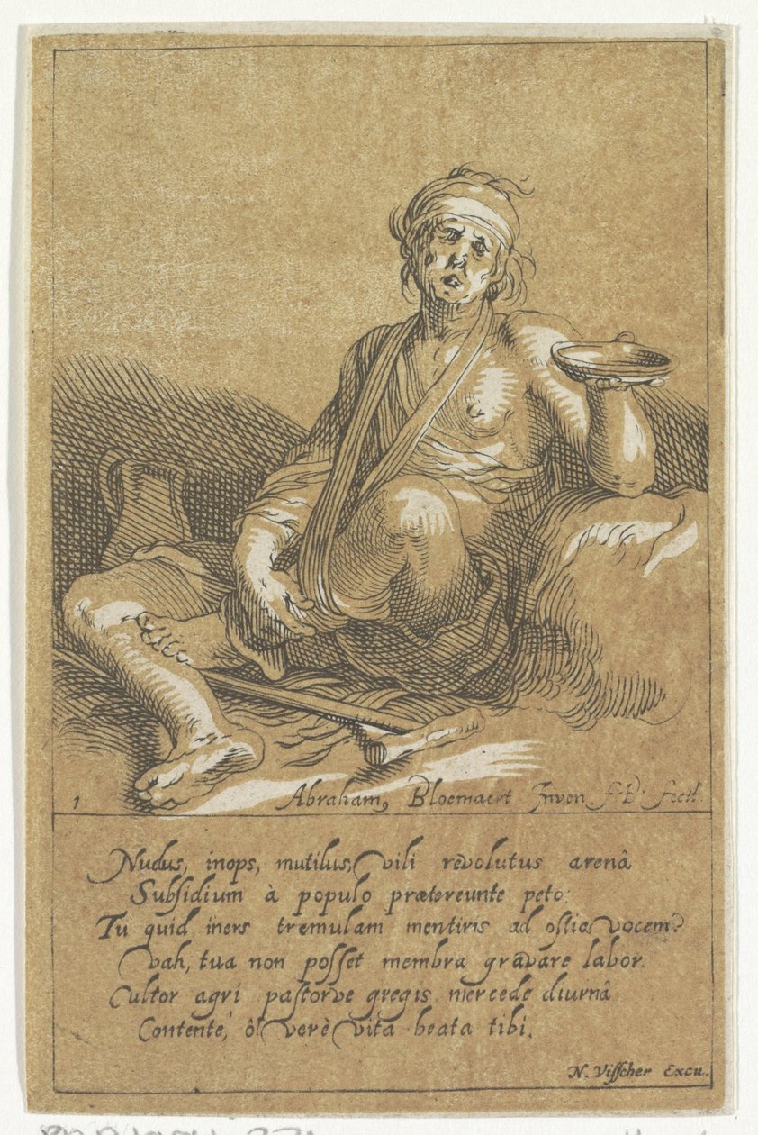 Kreupele bedelaar met een bakje door Frederick Bloemaert