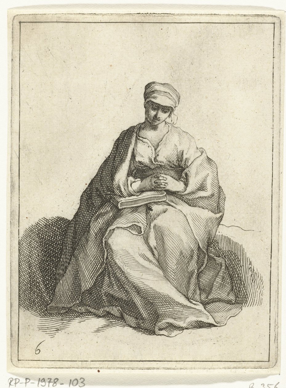 Zittende, biddende vrouw (15 kleine figuren) door Frederick Bloemaert