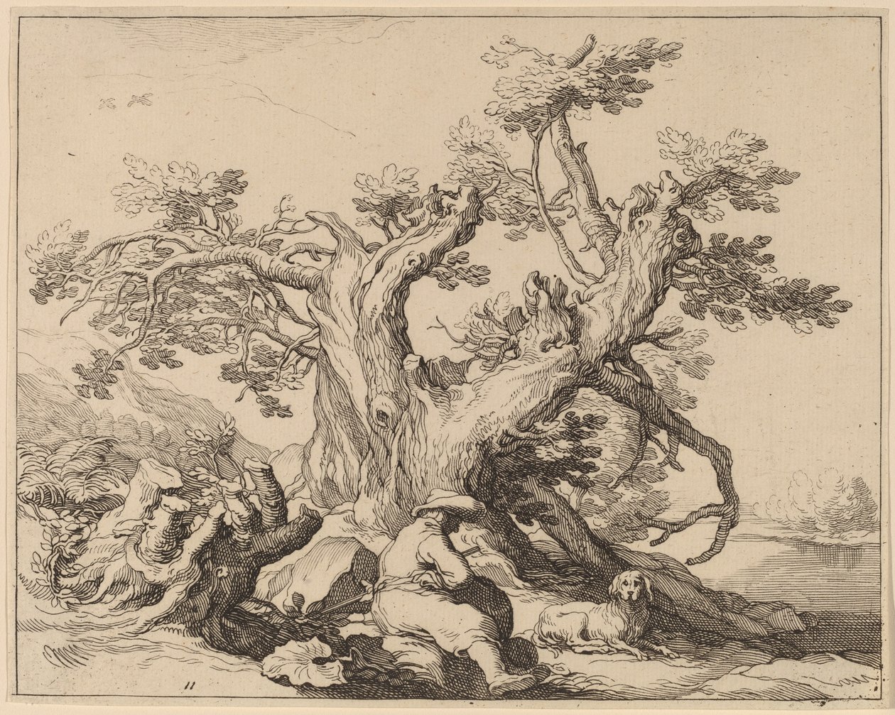 Een man en zijn hond rusten bij een grote boom door Frederick Bloemaert after Abraham Bloemaert