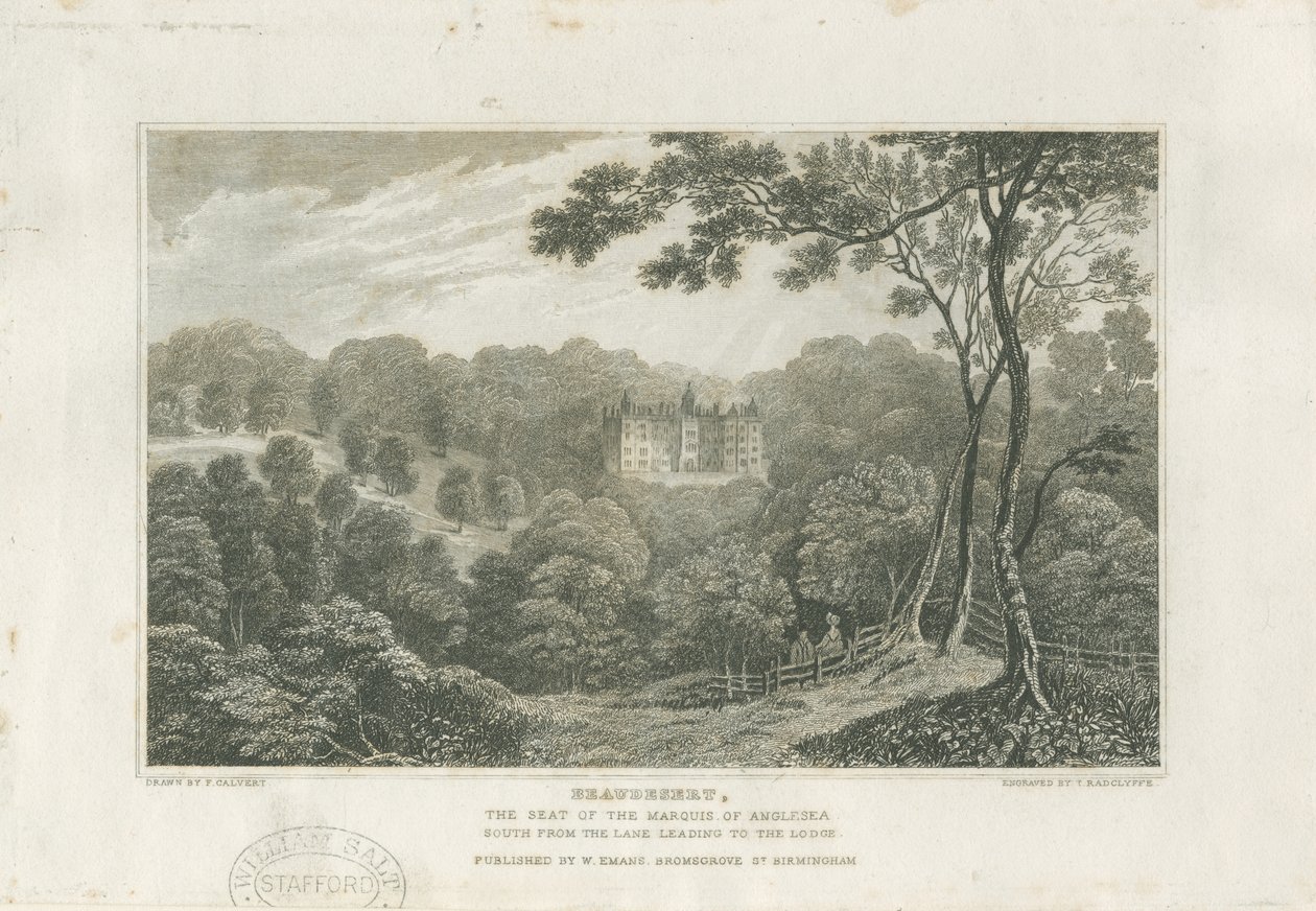Beaudesert Hall en Park: gravure, nd [ca. 1830] door Frederick Calvert