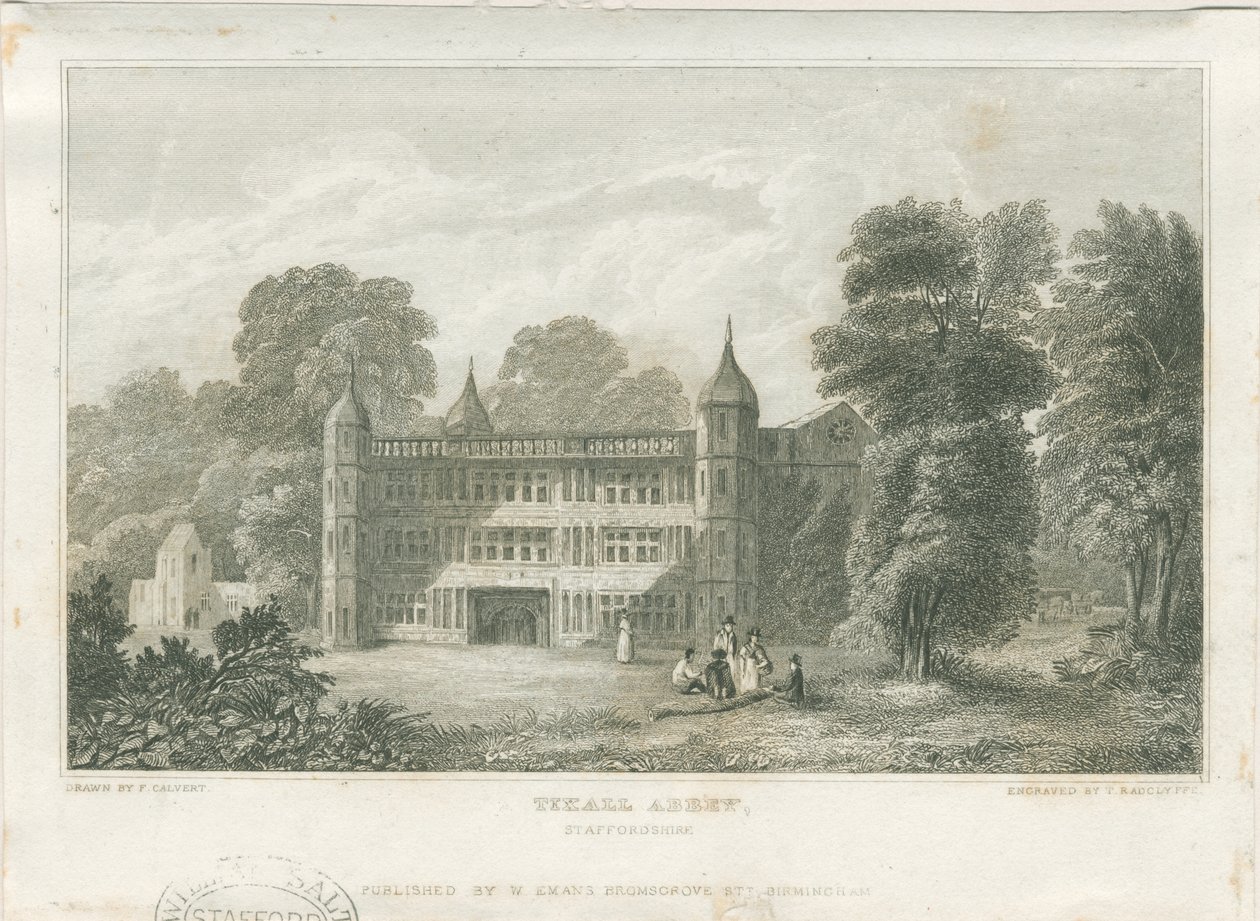 Tixall Hall - Poortgebouw: gravure, ca. 1830 door Frederick Calvert