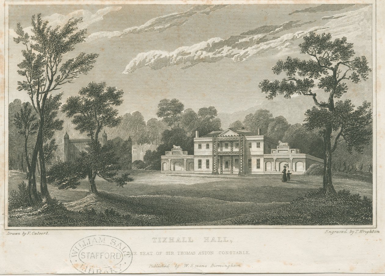 Tixall Hall (gravure) door Frederick Calvert