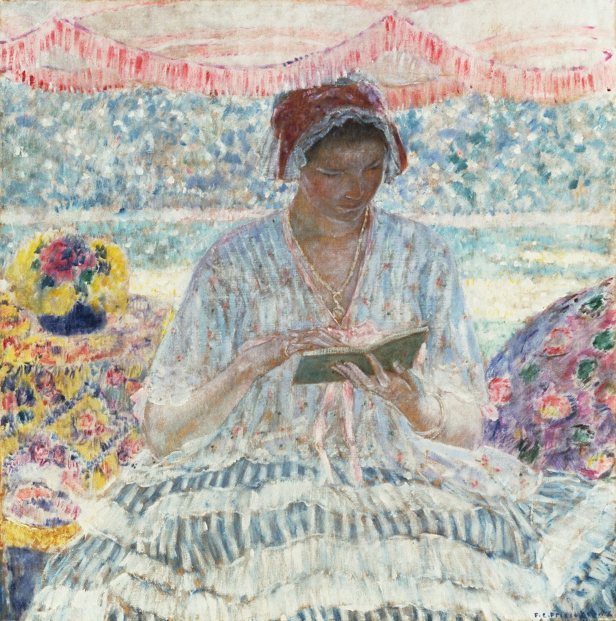 Zomerlezen (onder de luifel) door Frederick Carl Frieseke
