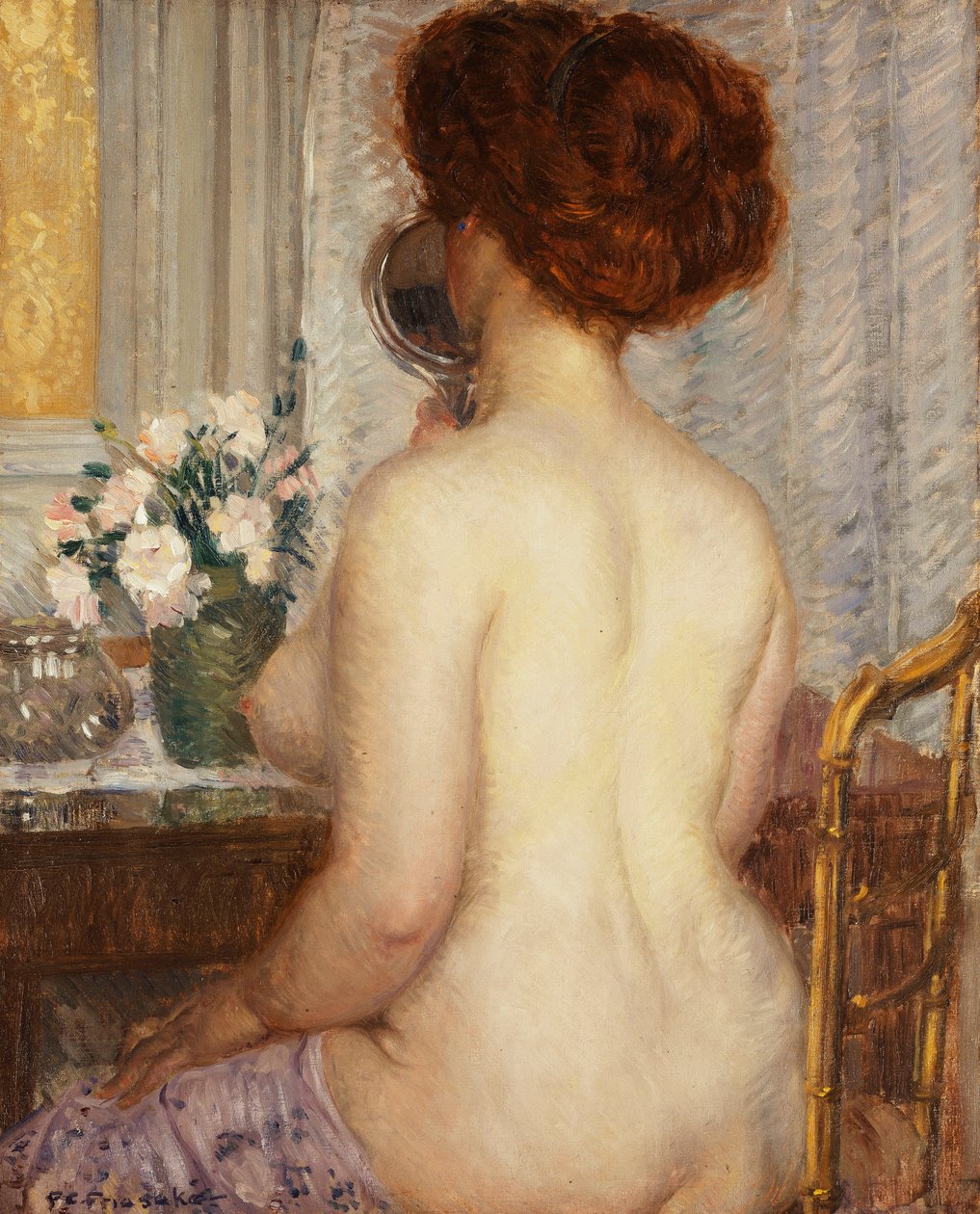 Vrouw aan een kaptafel door Frederick Carl Frieseke