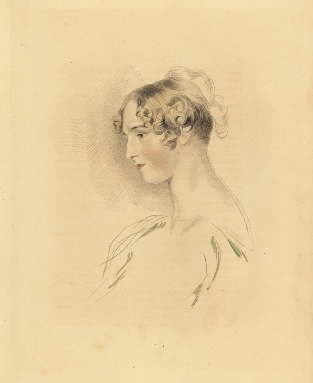 Portret van Mary Isabella Bloxam als jonge vrouw, nicht van Sir Thomas Lawrence. Met haar haar omhoog en gekruld, in een off-the-shoulder jurk. Gravure door Frederick Christian Lewis naar een illustratie van Sir Thomas Lawrence uit P.G. Patmore’s Cabinet o door Frederick Christian Lewis