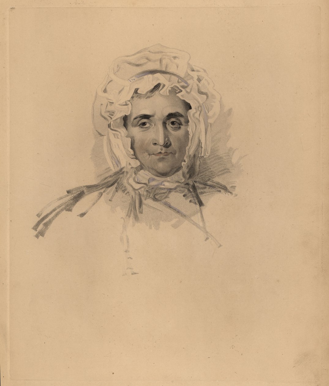 Portret van Lucy Read, moeder van Sir Thomas Lawrence, dicht bij de dood. In kapje en hooggesloten jurk. Handgekleurde gravure door Frederick Christian Lewis naar een illustratie van Sir Thomas Lawrence uit P.G. Patmore
