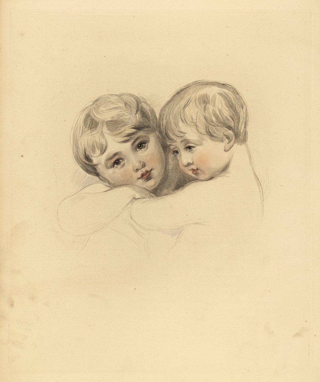 Portret van de Calmeady kinderen in een omhelzing. Handgekleurde gravure door Frederick Christian Lewis naar een illustratie van Sir Thomas Lawrence uit P.G. Patmore