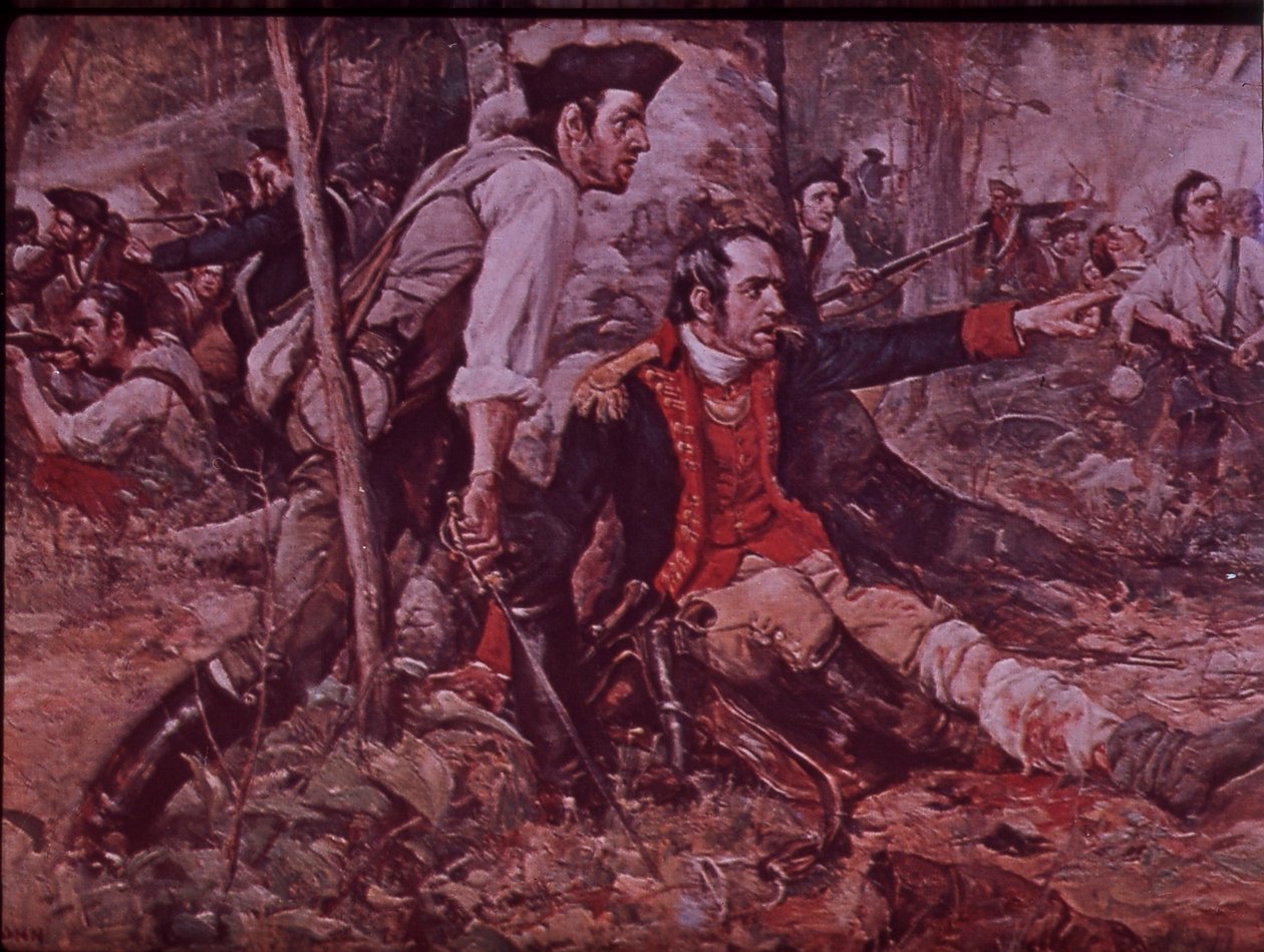 De Slag bij Oriskany in 1777, c.1930 (kleur litho) door Frederick Coffay (after) Yohn