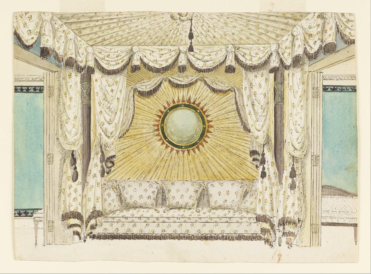 Ontwerp voor Bed met Tentvormige Nissen, waarschijnlijk voor de Slaapkamer of Boudoir van de Prins van Wales, Royal Pavilion door Frederick Crace