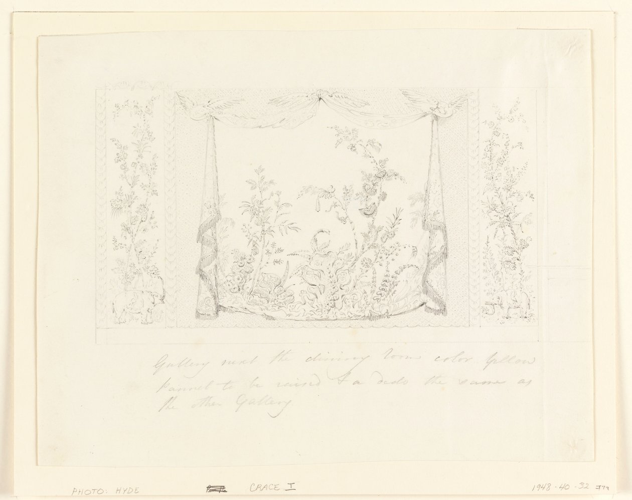 Tekening, The Royal Pavilion, Brighton, Blauwe (Zuid) Tekenkamer, Voorgestelde wanddecoratie, ca. 1820 door Frederick Crace
