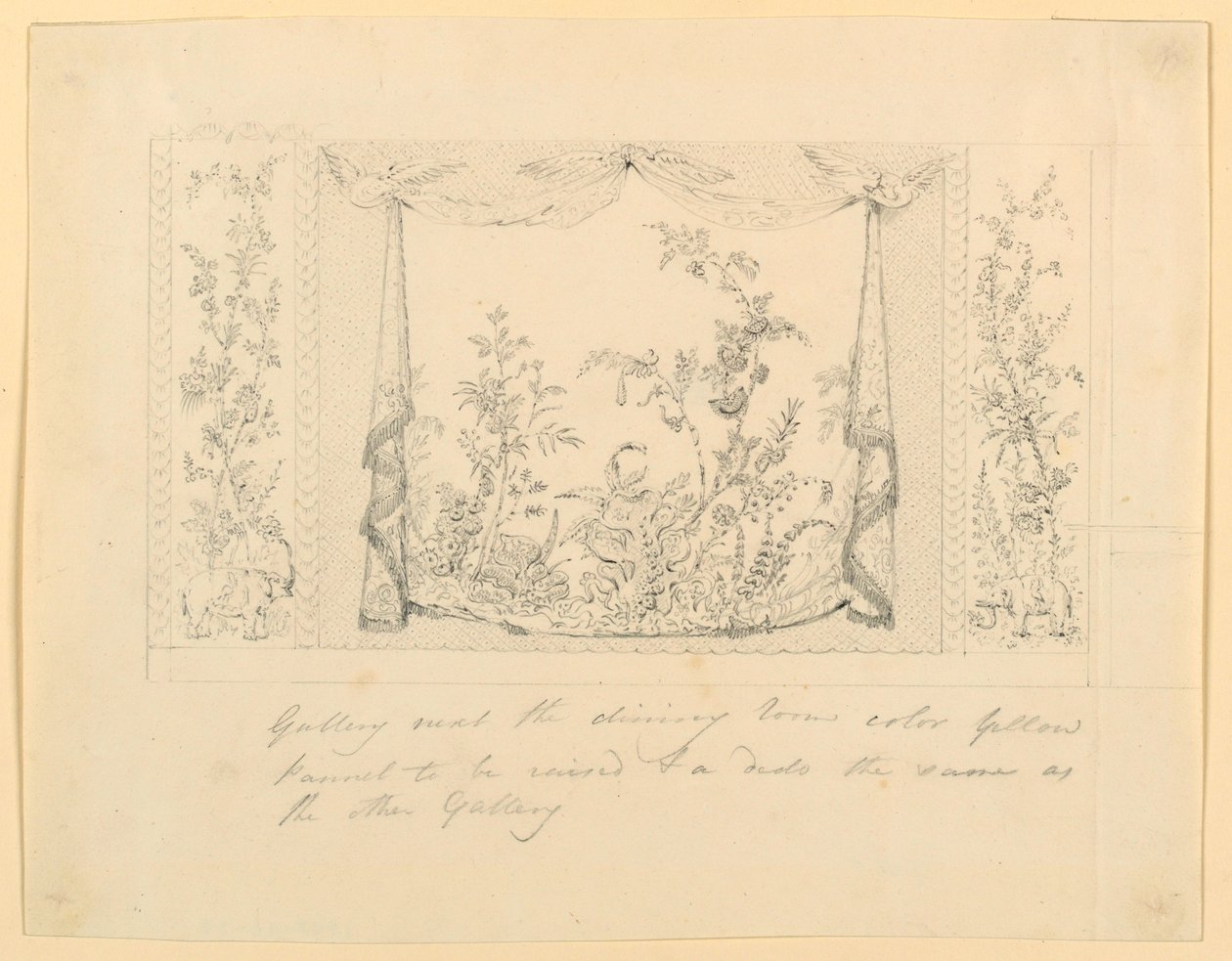Tekening, The Royal Pavilion, Brighton, Blauwe (Zuidelijke) Tekenkamer, Voorgestelde Wanddecoratie, ca. 1820 door Frederick Crace