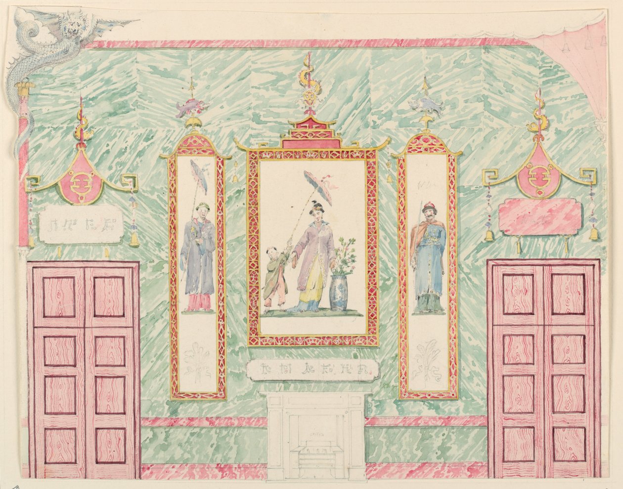 Tekening, Muurgevel, waarschijnlijk voor de Banketzaal, Royal Pavilion, Brighton, 1815-22 door Frederick Crace