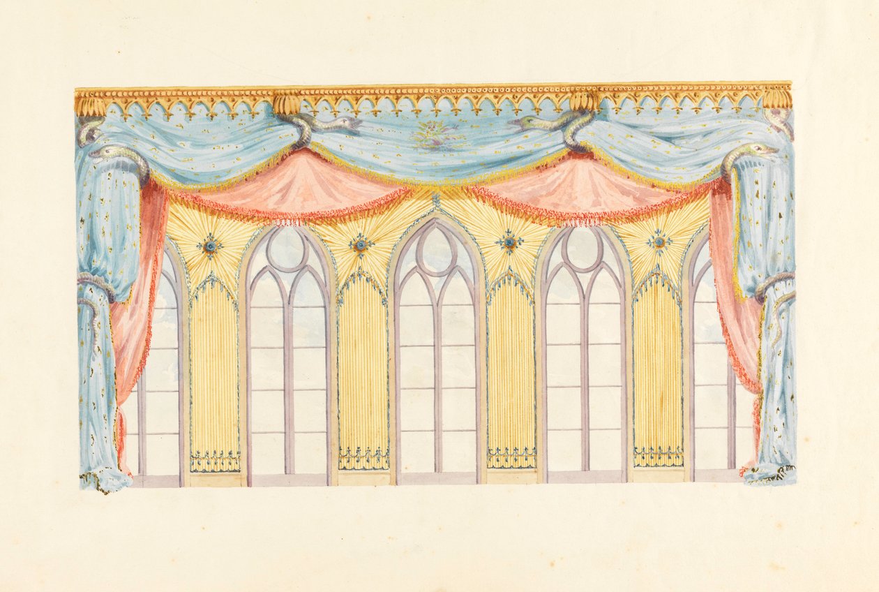Tekening, raamdecoratie, waarschijnlijk voor de oostelijke muur van de muziekkamer, Royal Pavilion, Brighton, 1820 door Frederick Crace