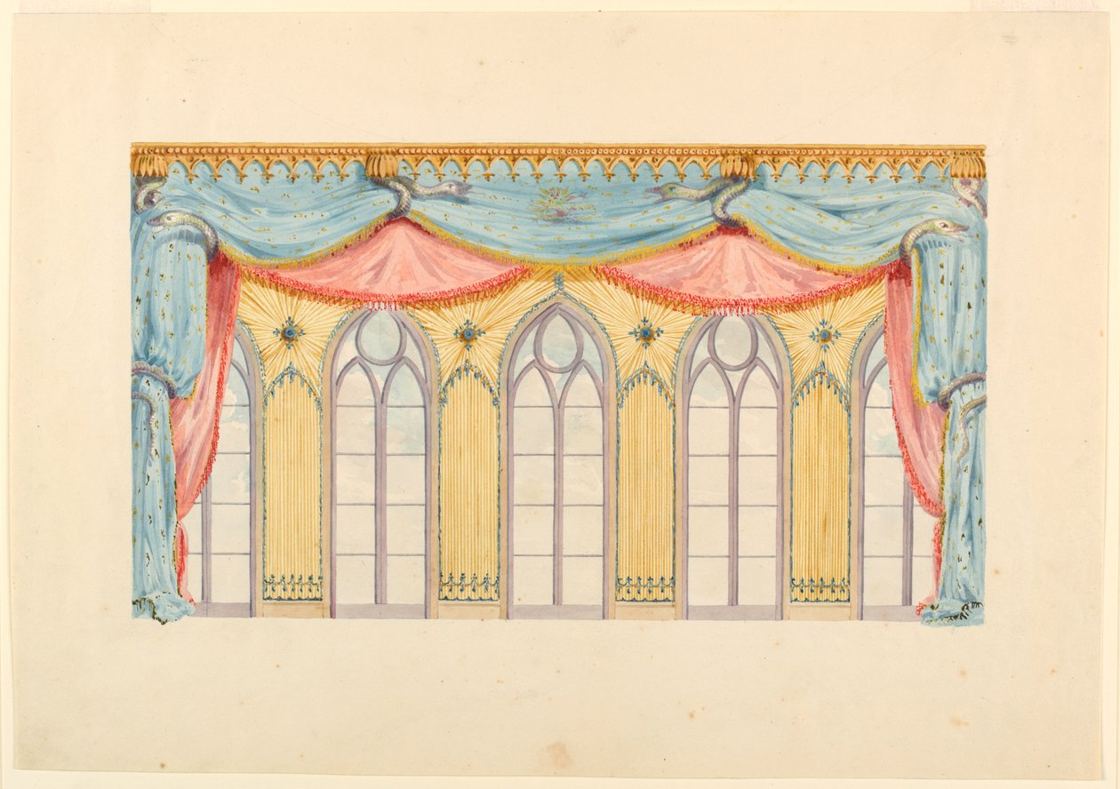 Tekening, raamdecoratie, waarschijnlijk voor de oostelijke muur van de muziekkamer, Royal Pavilion, Brighton, 1820 door Frederick Crace