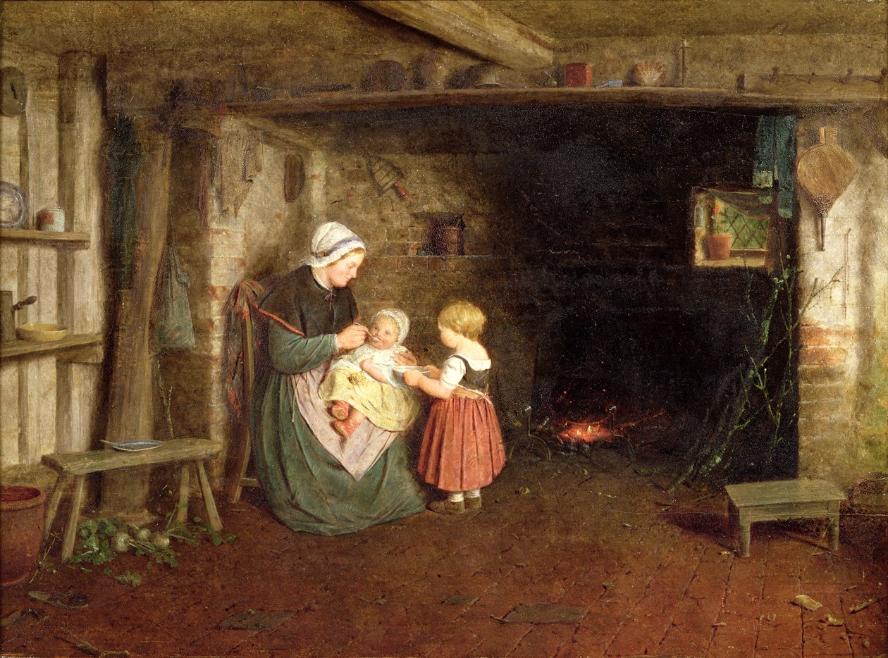 Verwachting: Interieur van een Cottage met een Moeder en Kinderen door Frederick Daniel Hardy