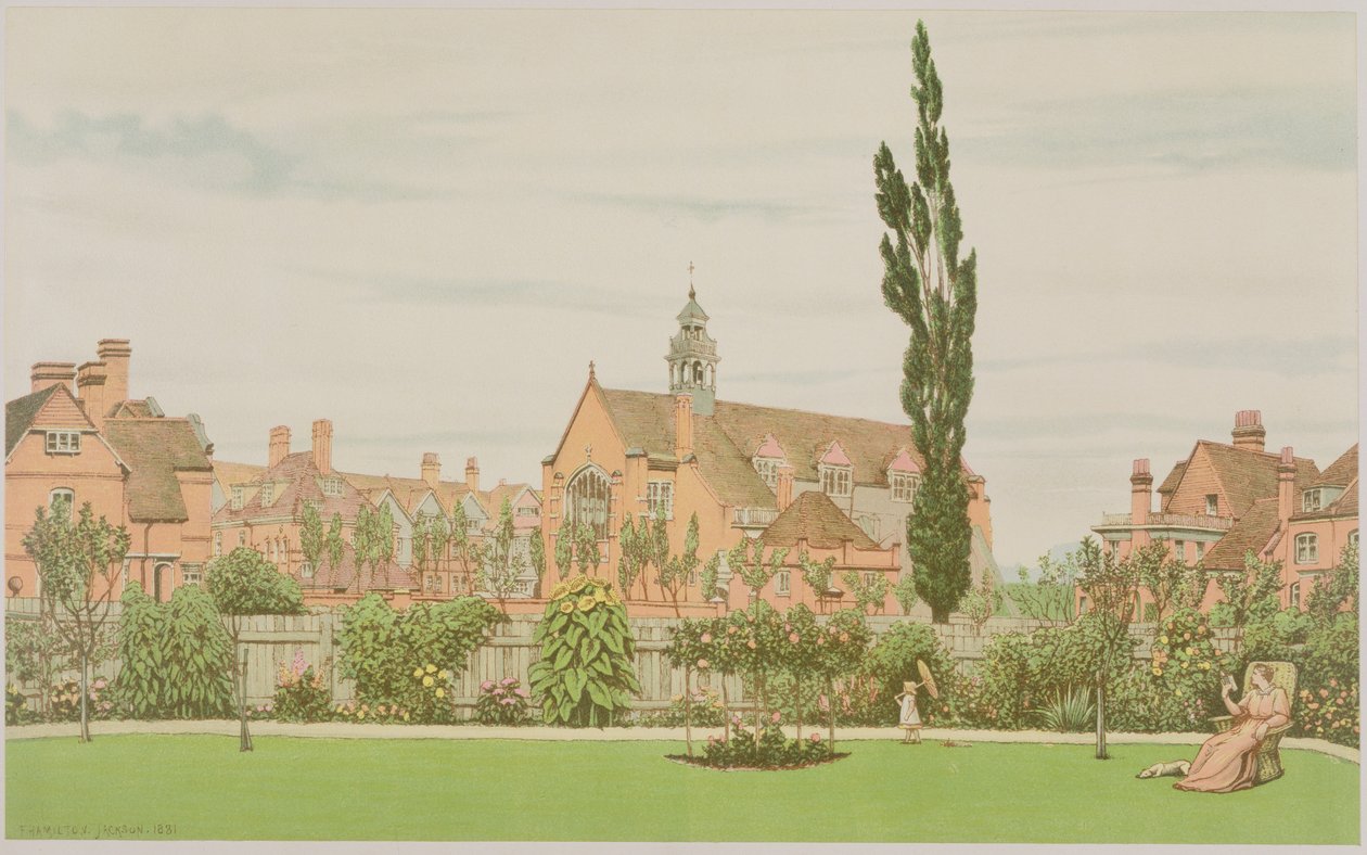 Kerk en Pastorie, Bedford Park, 1881 door Frederick Hamilton Jackson