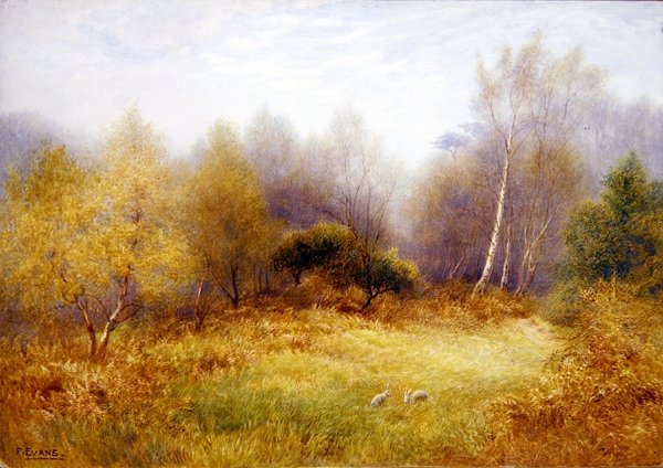 Konijnen in een bosopen plek door Frederick Henry Evans