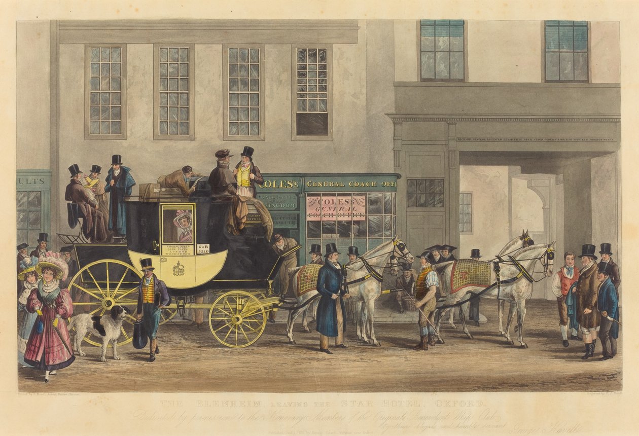 De Blenheim, Vertrekkend van het Star Hotel, Oxford door Frederick James Havell after George Havell