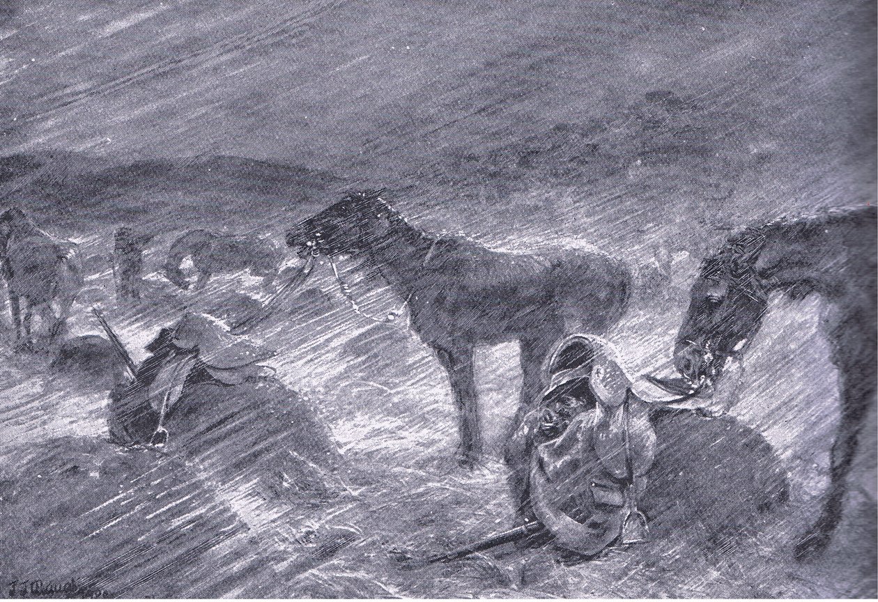 Een Zuid-Afrikaanse hagelstorm, uit After Pretoria: The Guerilla War gepubliceerd door Harmsworth Bros Limited, 1901 door Frederick Judd Waugh