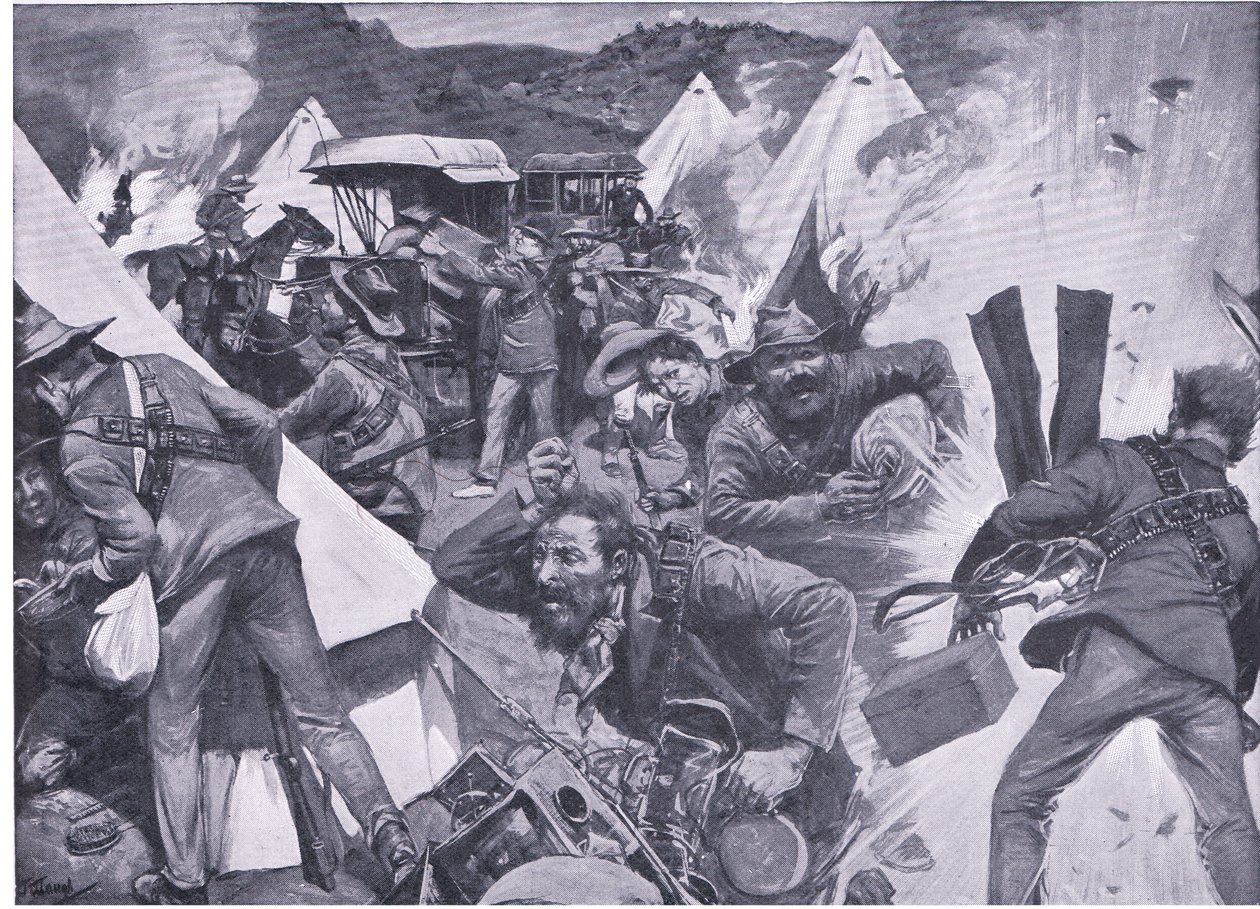 Boeren plunderen het Britse kamp in Nooitgedacht onder artillerievuur, uit After Pretoria: The Guerilla War gepubliceerd door Harmsworth Bros Limited, 1901 door Frederick Judd Waugh