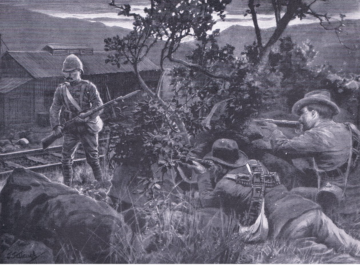 Onwaardige oorlogsvoering: Boeren die een schildwacht beschieten, uit After Pretoria: The Guerilla War gepubliceerd door Harmsworth Bros Limited, 1901 door Frederick Judd Waugh