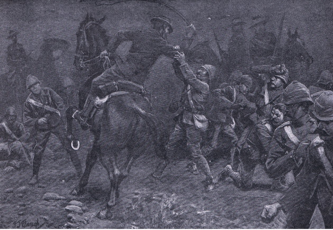 Majoor Boole-Smith pakt De Wet aan, uit After Pretoria: The Guerilla War gepubliceerd door Harmsworth Bros Limited, 1901 door Frederick Judd Waugh