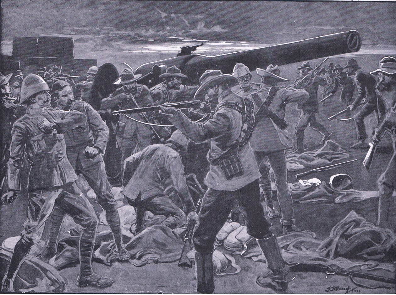 De aanval op Gun Hill: De kanonniers van de marine 47 verrast, uit Na Pretoria: De Guerrillaoorlog gepubliceerd door Harmsworth Bros Limited, 1901 door Frederick Judd Waugh