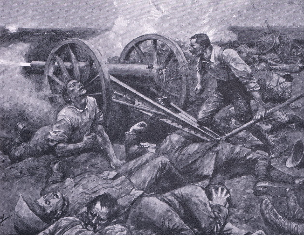 De verdediging van Dewetsdorp: een 15-ponder alleen bedienen, illustratie uit Na Pretoria: De Guerrillaoorlog, 1902 door Frederick Judd Waugh