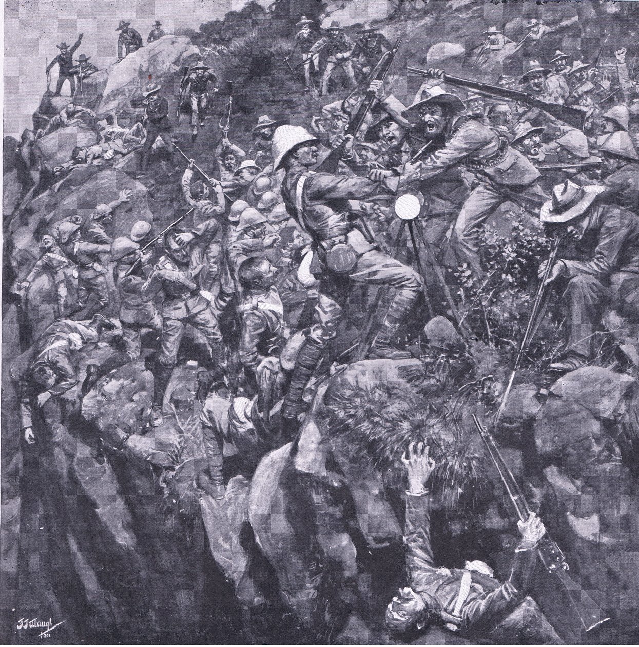 De ramp in Nooitgeddacht: Het einde van een dappere signaalgever, uit After Pretoria: The Guerilla War gepubliceerd door Harmsworth Bros Limited, 1901 door Frederick Judd Waugh