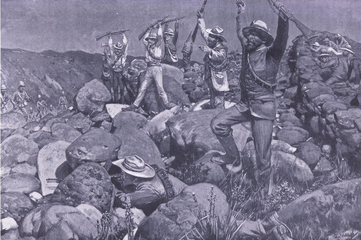 De geveinsde overgave die de Liverpools in een wanhopige positie bracht, illustratie uit Na Pretoria: De Guerrillaoorlog, 1902 door Frederick Judd Waugh