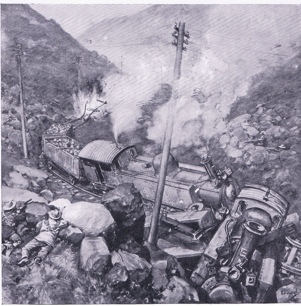 Het ontsporen van een gepantserde trein bij Vlakfontein, illustratie uit Na Pretoria: De Guerrillaoorlog, 1902 door Frederick Judd Waugh