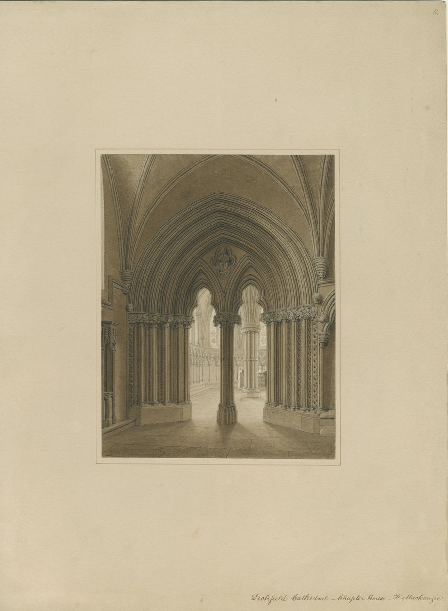 Interieur van de kathedraal van Lichfield - Deur van de kapittelzaal: sepia tekening door Frederick Mackenzie
