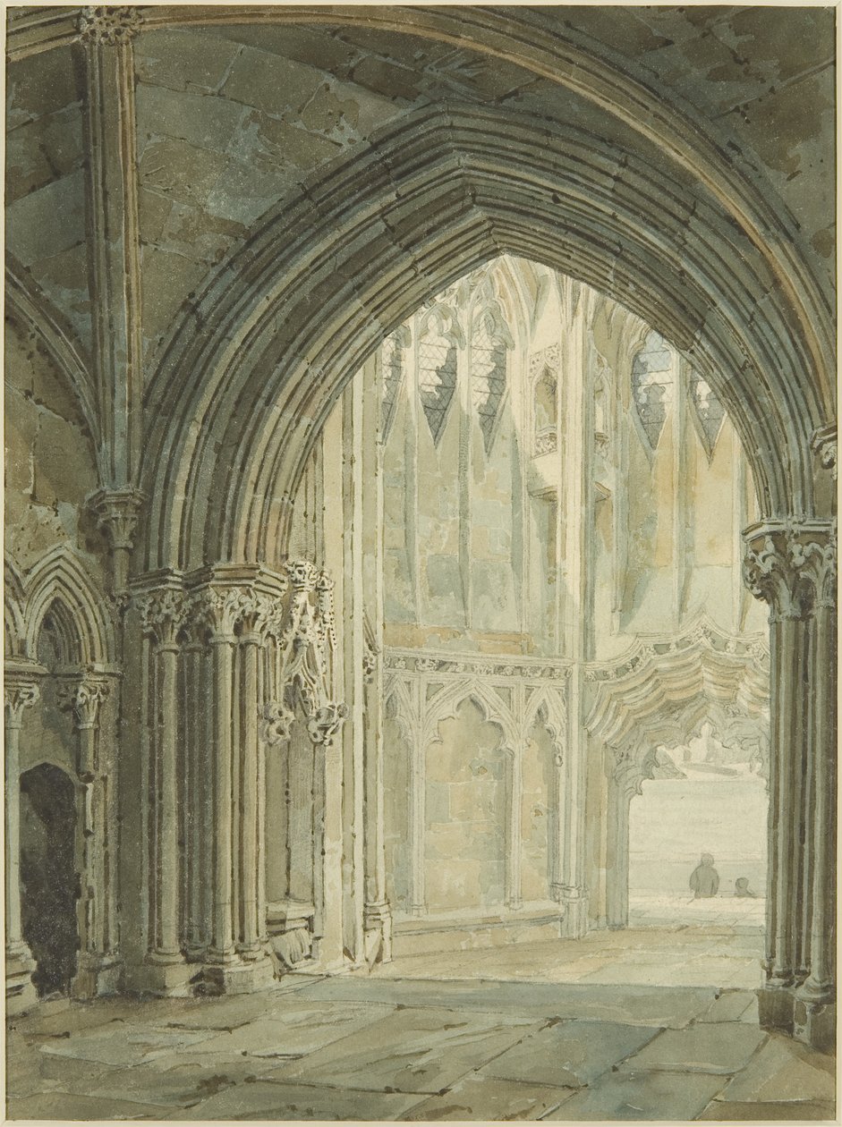 Interieur van de noordelijke portiek van St Mary Redcliffe door Frederick Mackenzie