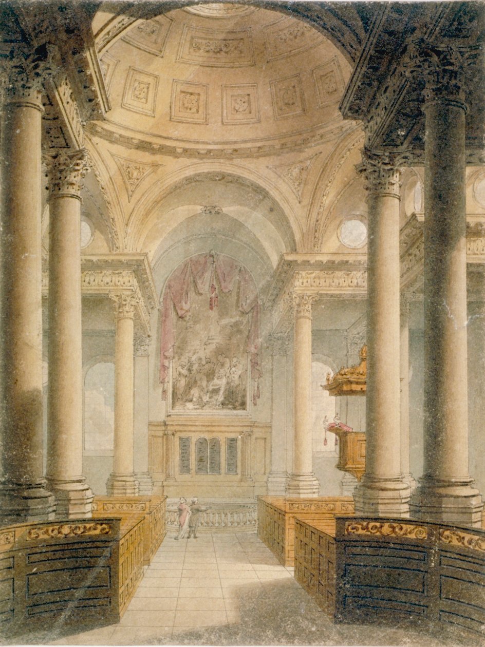 Interieur van de kerk van St Stephen Walbrook, City of London, 1810 door Frederick Mackenzie