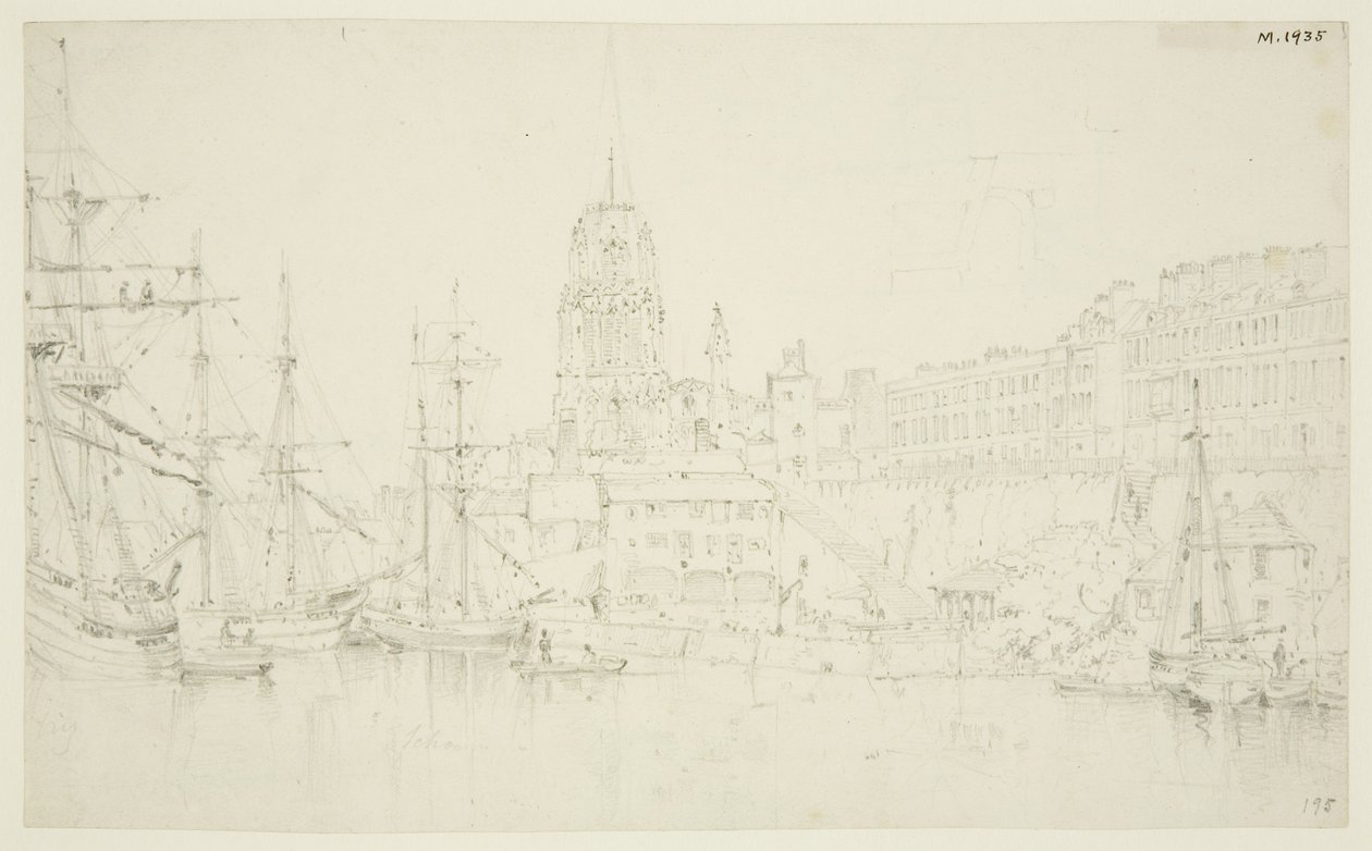 St. Mary Redcliffe en Redcliffe Wharf vanaf Prince Street Bridge door Frederick Mackenzie