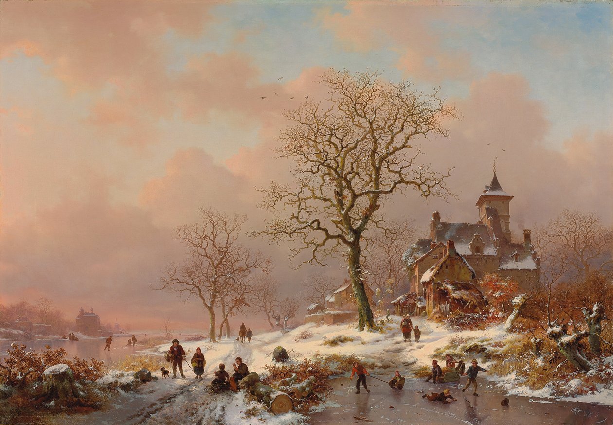 Winterlandschap met figuren die op het ijs spelen, 1868 door Frederick Marianus Kruseman