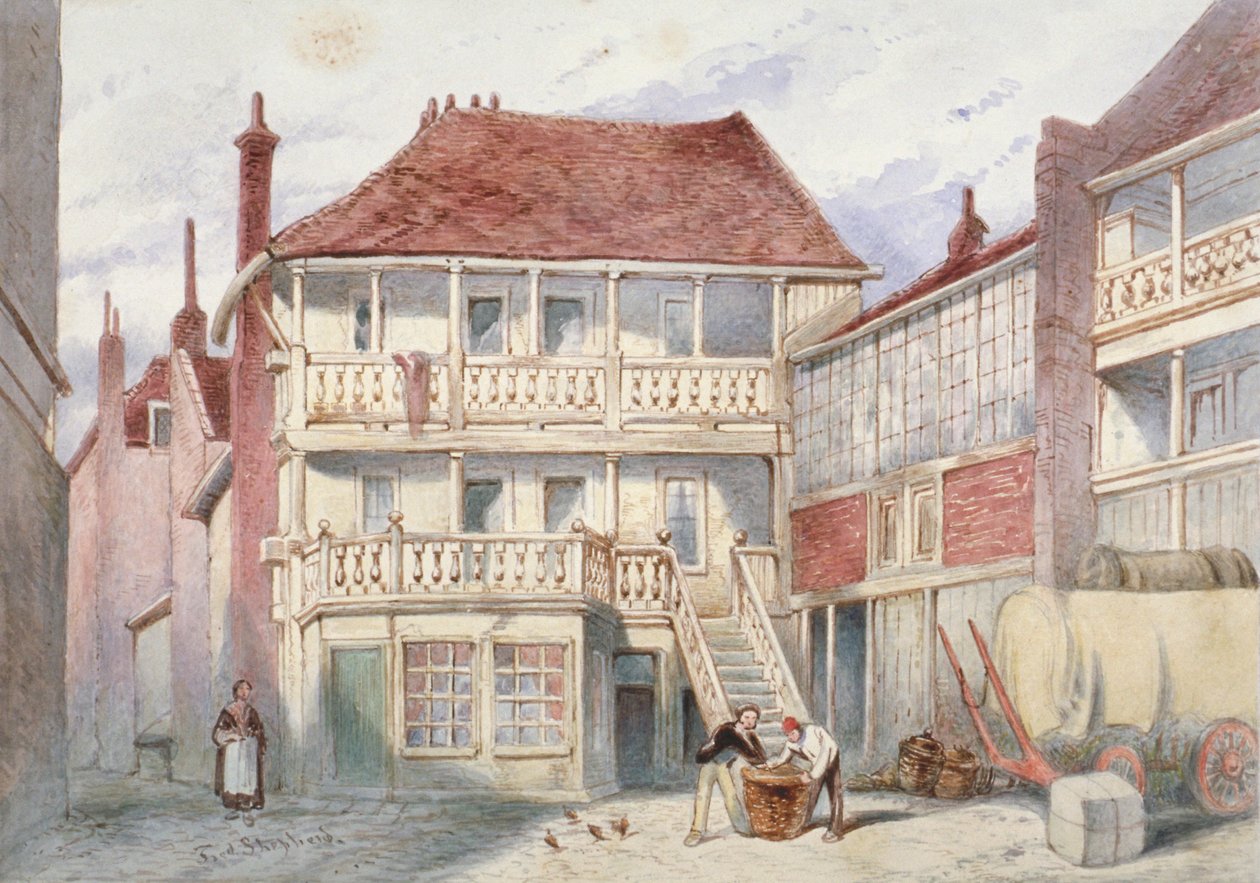 Uitzicht op de French Horn Tavern, Holborn, Londen door Frederick Napoleon Shepherd