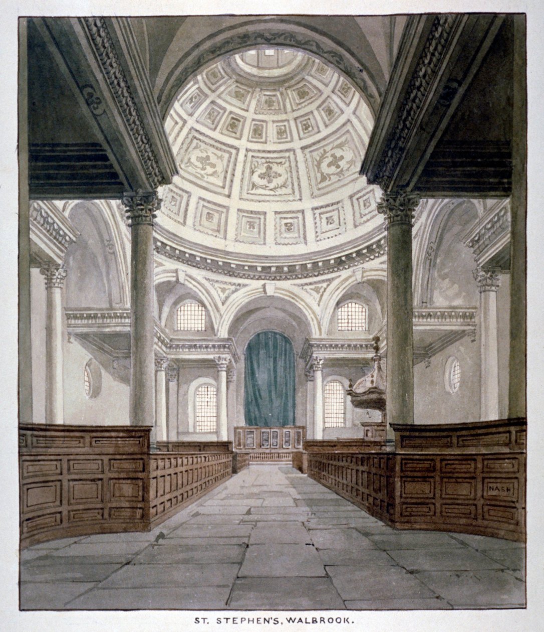 Kerk van St. Stephen Walbrook, City of London, ca. 1840 door Frederick Nash