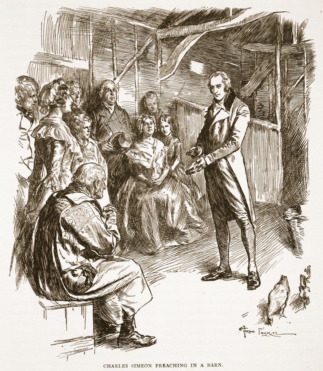 Charles Simeon predikend in een schuur, illustratie uit 