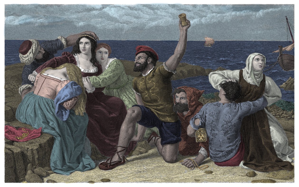 Piraten van de Middellandse Zee spelen gevangenen bij de illustratie door Frederick Richard Pickersgill door Frederick Richard Pickersgill