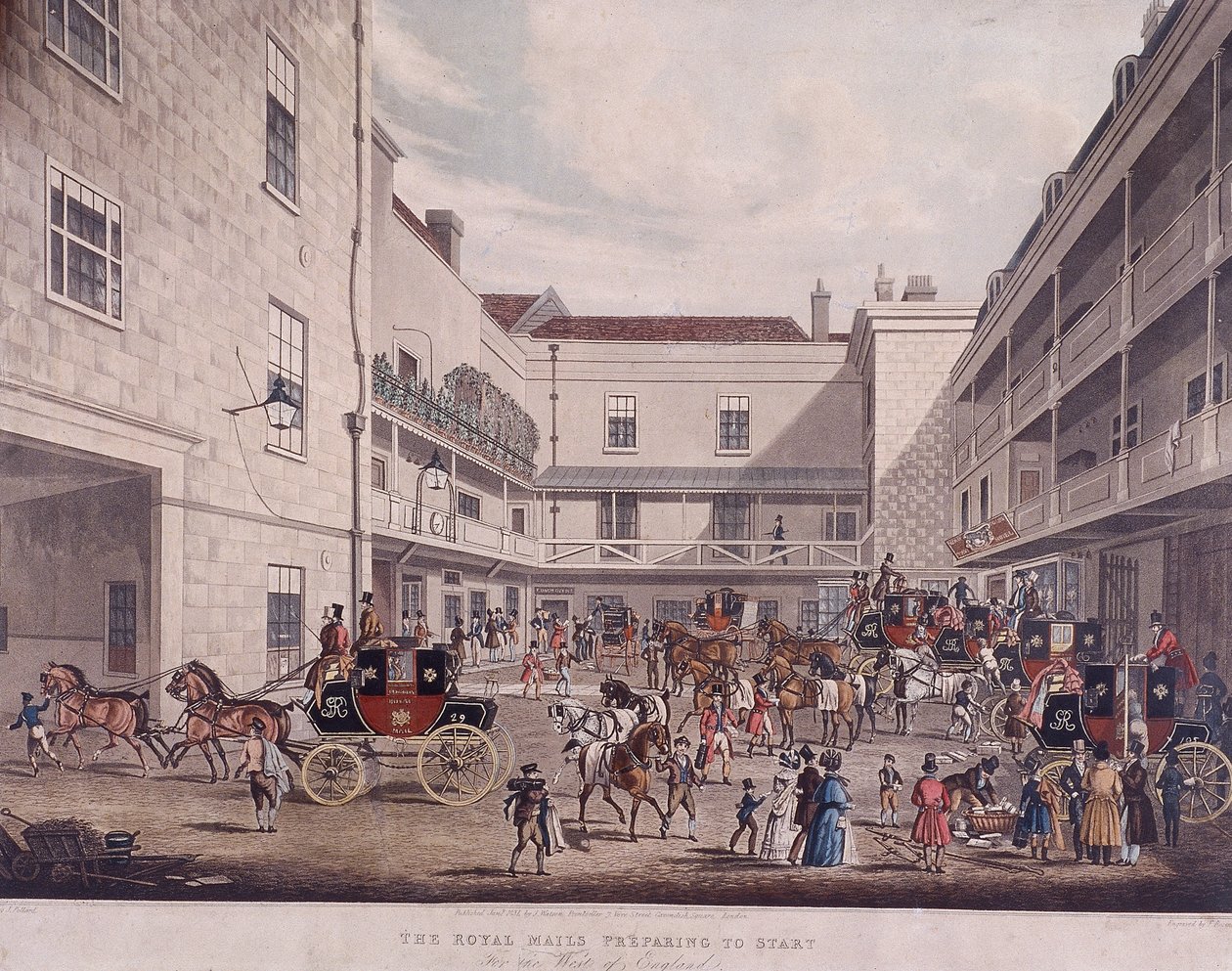 Royal Mail Koetsen bij Lad Lane, Londen, 1831 door Frederick Rosenberg