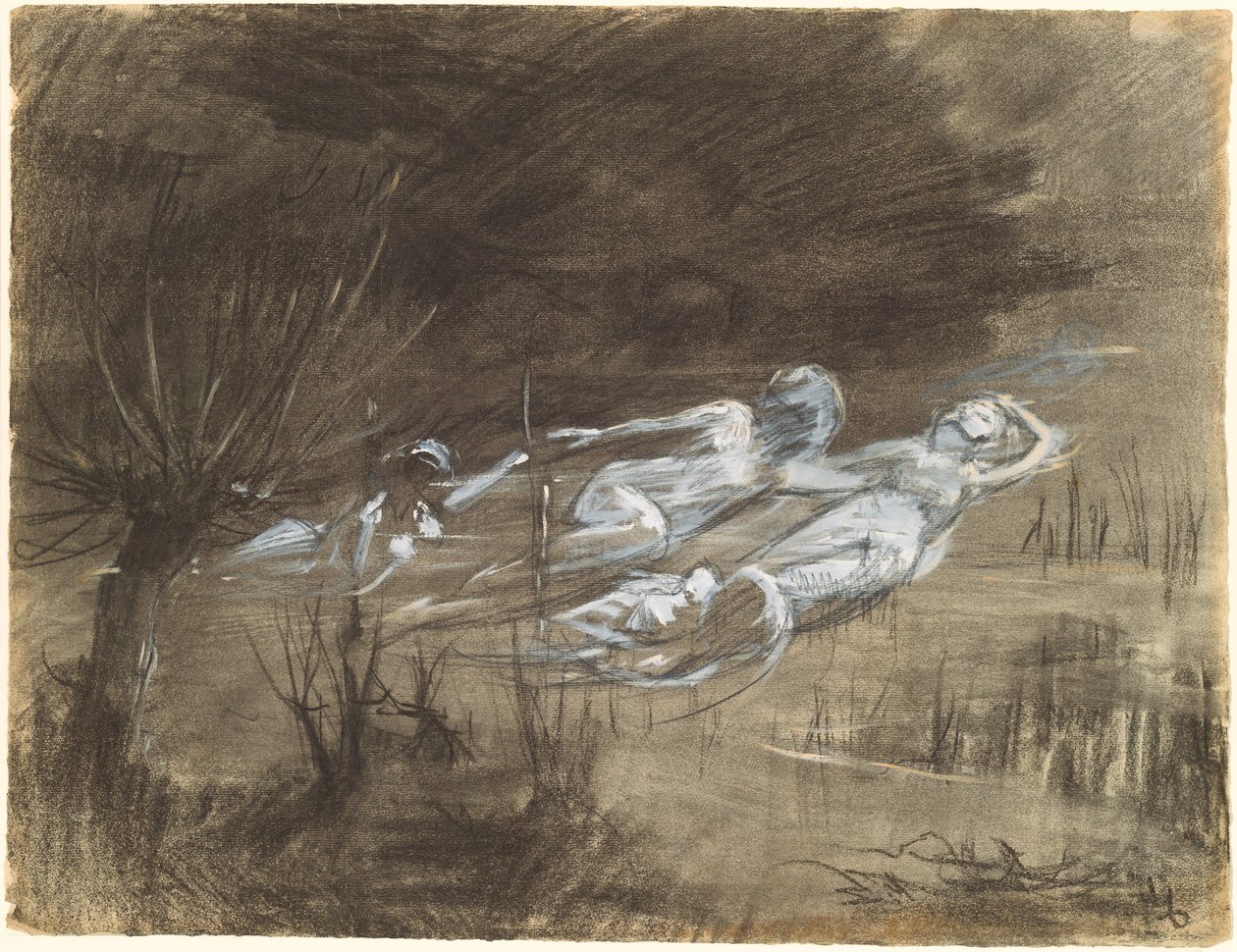 Vrouw drijvend in een rivier begeleid door twee vrouwelijke geesten door Frederick Trapp Friis