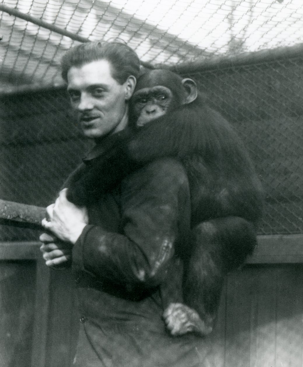 Een man draagt Chimpansee Sally op zijn rug, London Zoo, 1924 door Frederick William Bond