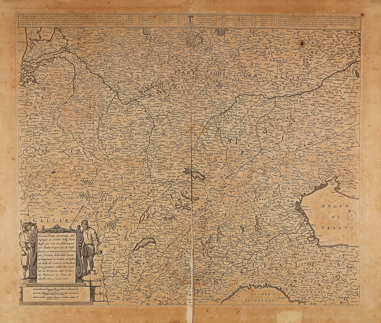 Centraal-Noord-Europa en Noord-Italië, kaart door Frederik de Wit, Amsterdam, kopergravure door Frederick de Wit