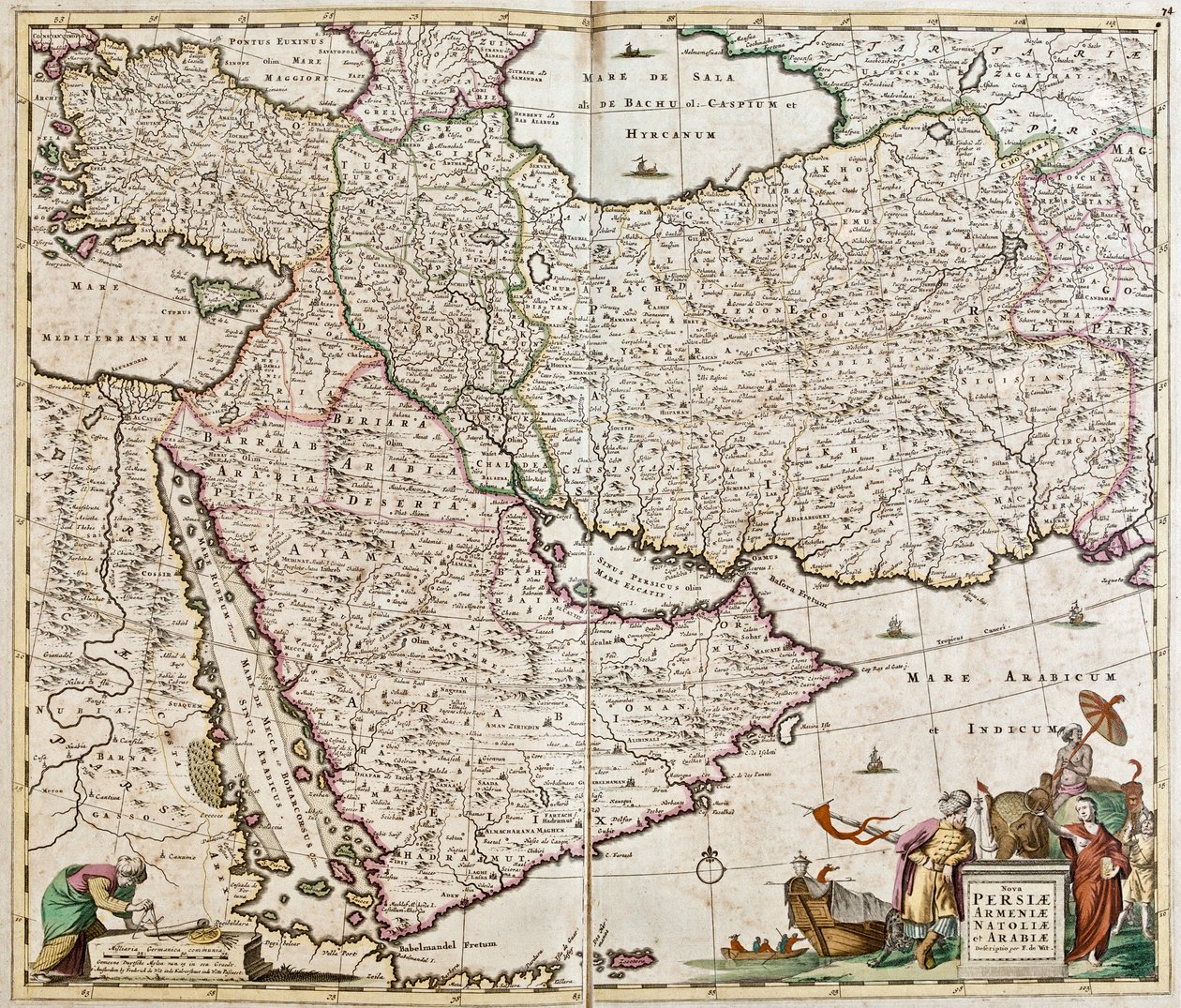 Kaart van Perzië (Iran), Armenië, Anatolië (Turkije) en Arabië (Arabisch schiereiland: Saoedi-Arabië, Koeweit, Verenigde Arabische Emiraten, Oman, Qatar, Jemen, Bahrein) door Frederick de Wit