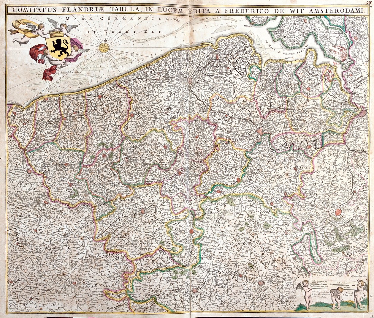 Kaart van het Graafschap Vlaanderen, Frankrijk en België door Frederick de Wit
