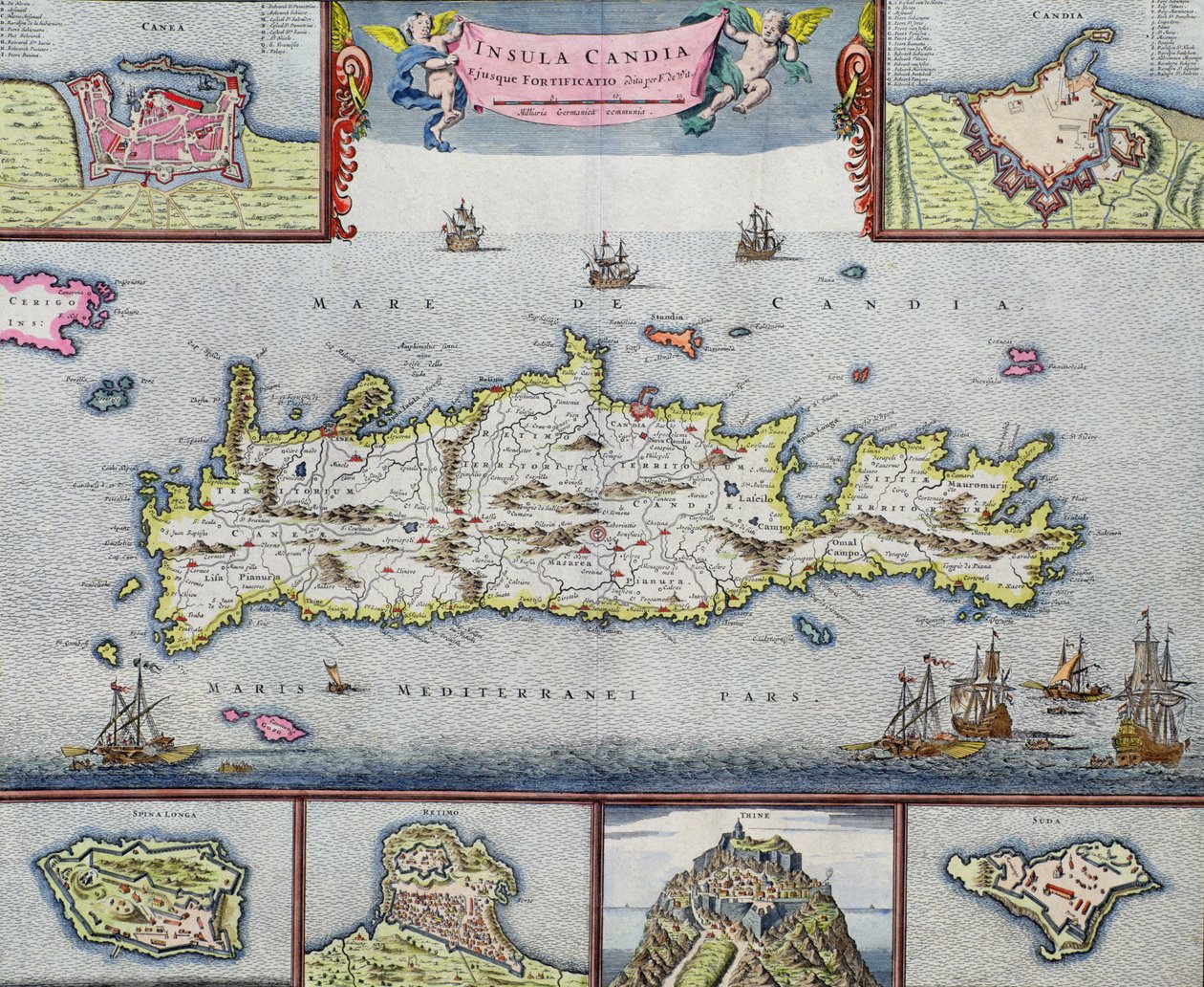 Kaart van het eiland Candia (Kreta) met de zeehaven van Heraklion, ca. 1680 door Frederick de Wit