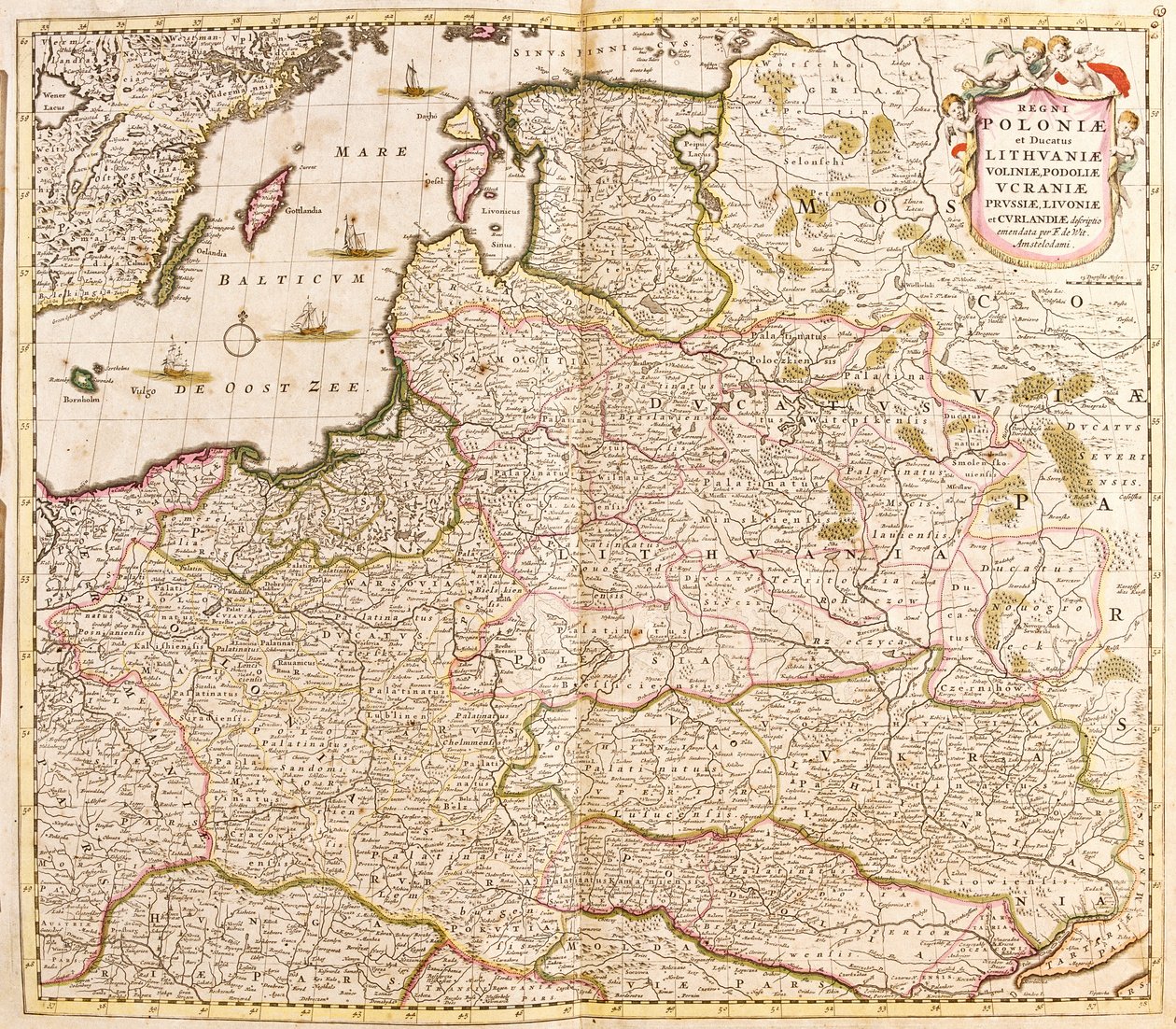 Kaart van het Koninkrijk Polen, Hertogdommen Litouwen en Lijfland (Letland) (Baltische Landen) en Oekraïne door Frederick de Wit